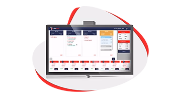 Kitchen display software screen with food orders and cooking times