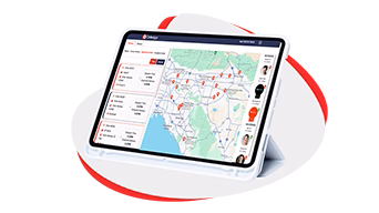 Tablet screen with delivery map and rider locations.