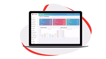 Laptop screen with sales charts and order stats.