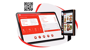 Order screen with receipt and QR code, and a food kiosk screen beside it