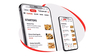 Phone screens showing a restaurant menu with food items and prices