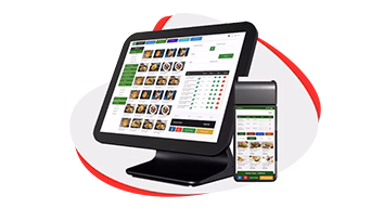 TechRyde POS screen and handheld device showing food menu and order details.